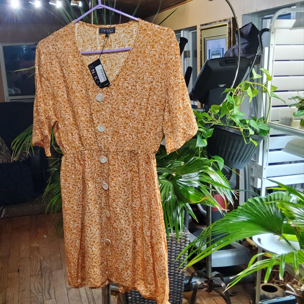 En/kay by Navleen Orange Patterned Faux Button-Down Dress